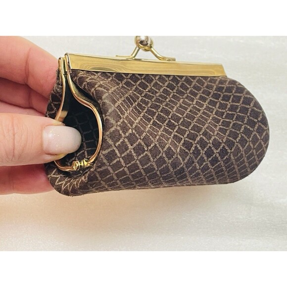 VTG Italian Suede Leather Coin Purse Kiss Lock Gold Hardware Brown Geometric - Picture 3 of 11